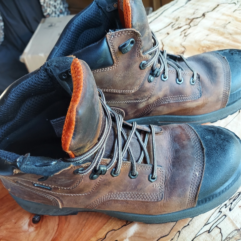 Timberland PRO Brown Leather Work Boots with Orange Trim